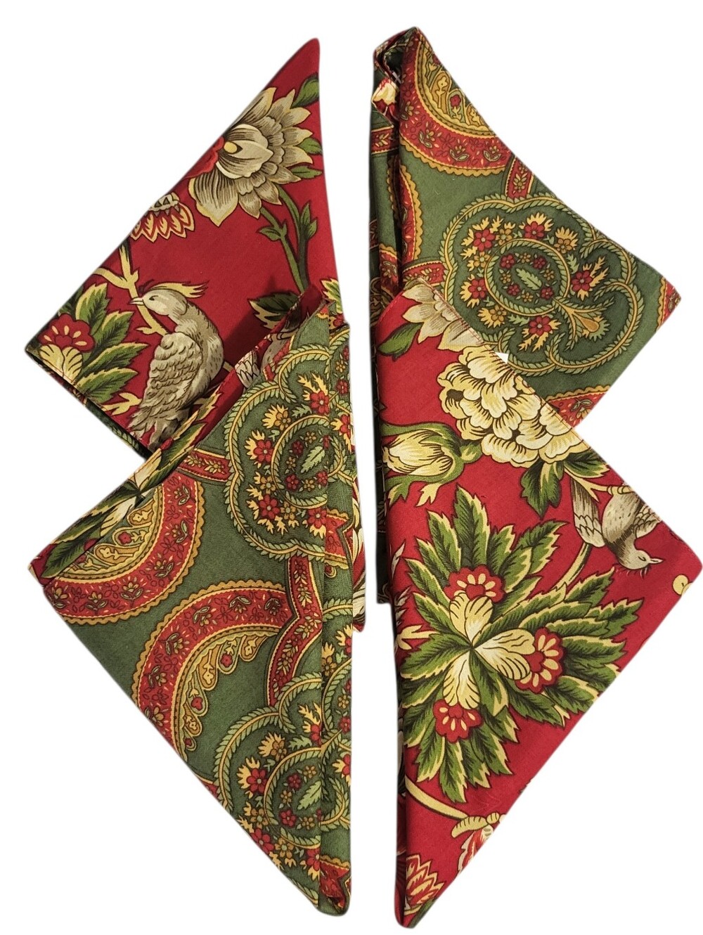 April Cornell Set Of 4 Napkins Reversible Red Green Floral Birds Paisley Cotton
